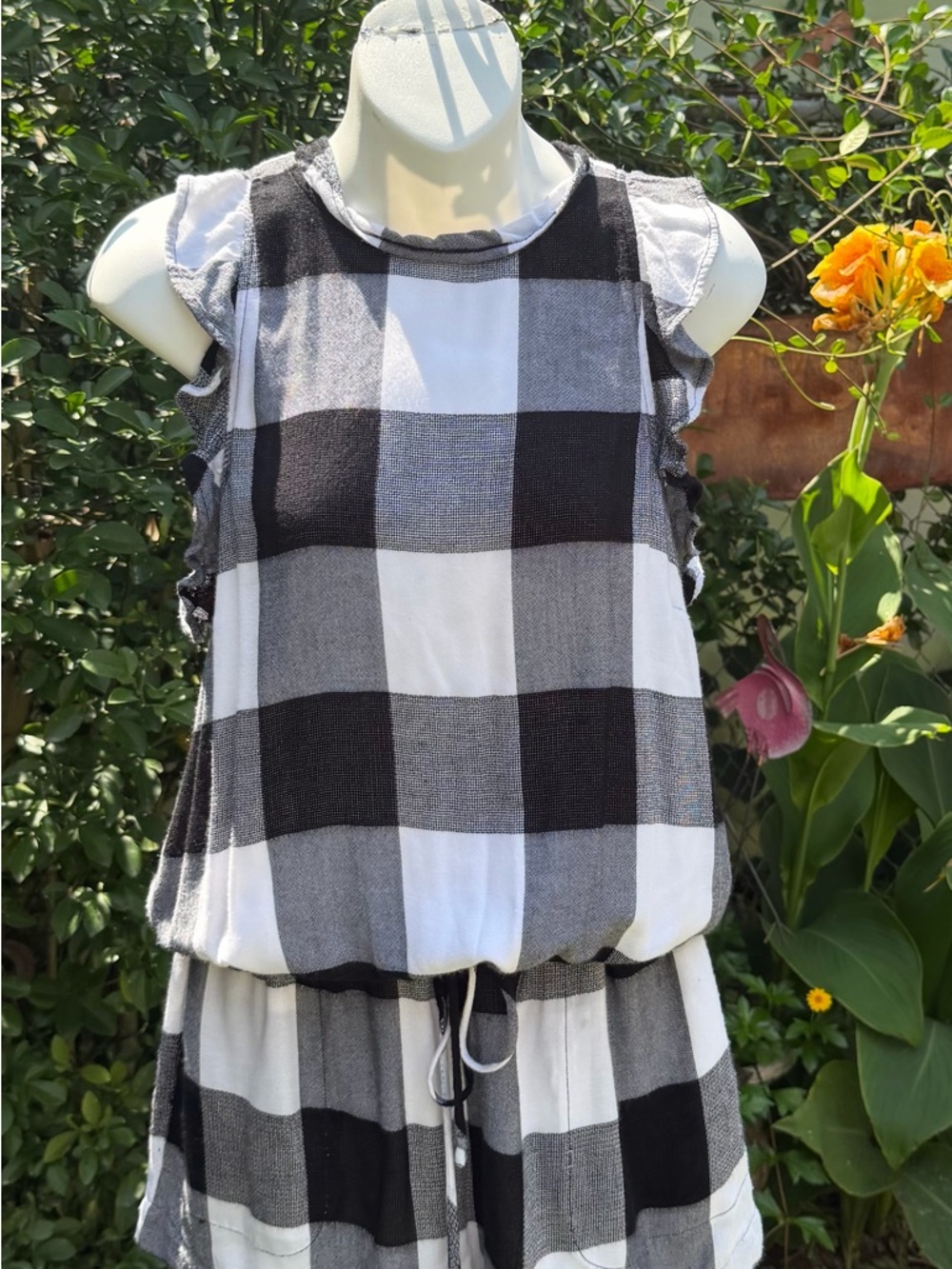 Anthropologie Cloth & Stone Romper Womens Black White Gingham Ruffle Small